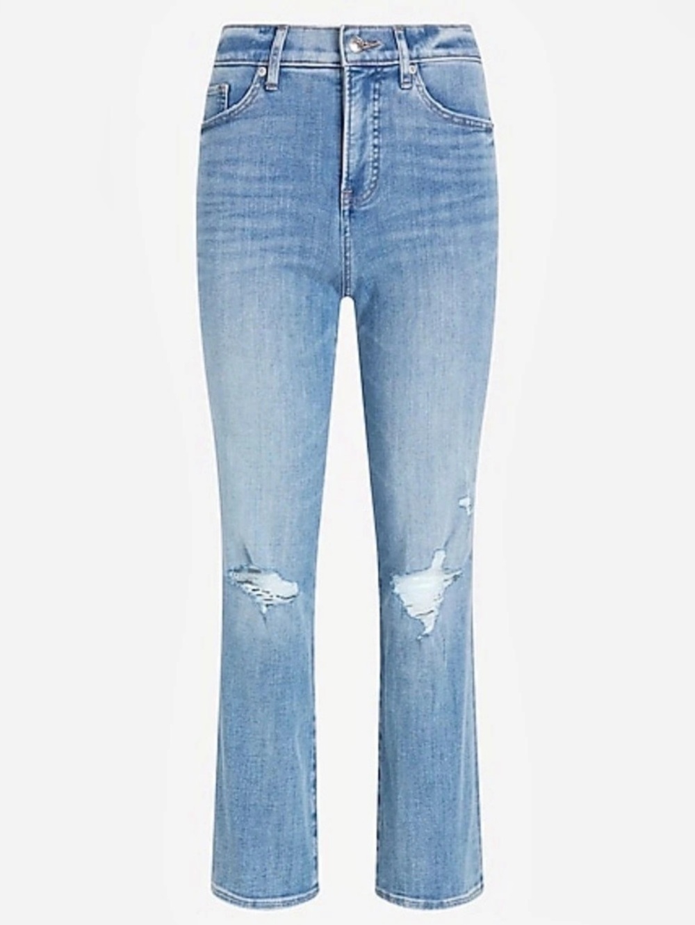 Express High Waisted Light Wash Ripped Flare Jeans 6long and fits perfect length